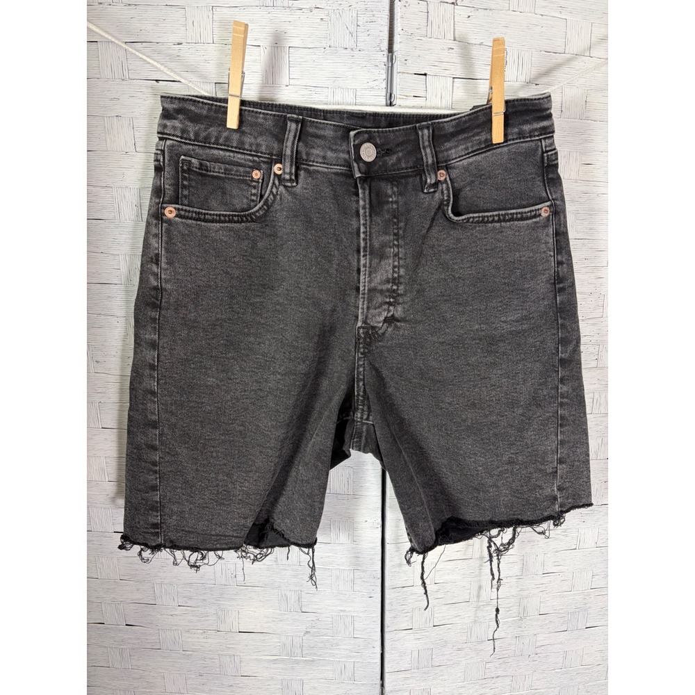 H&M &Denim Womens Shorts High Waist Bermuda Shorts Washed Black Raw Hem